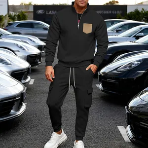 Heavyweight black fleece tracksuit set with cargo pockets and stand collar detail