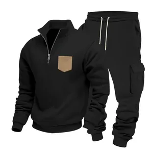Men's black fleece-lined cargo tracksuit set with half-zip sweatshirt and pants