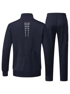 Back view of men's navy blue casual tracksuit two-piece set with reflective pattern