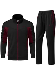 Detailed look at the men's black and burgundy color-block sports tracksuit jacket and pants
