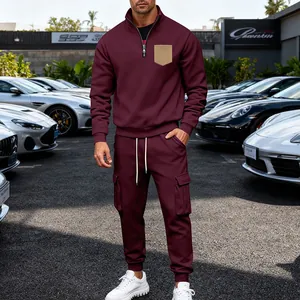 Men's burgundy fleece tracksuit set with stand-up collar sweatshirt and cargo sweatpants