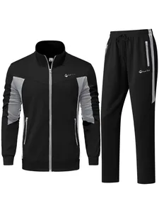 Detailed view of men's black and gray color-block sports tracksuit two-piece set.