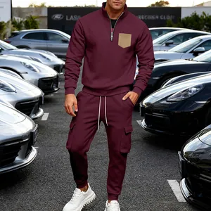 Men's burgundy heavyweight fleece tracksuit with half-zip sweatshirt and cargo pants
