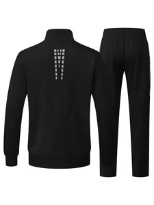 Back view of black men's sports tracksuit featuring grey geometric pattern and side stripes