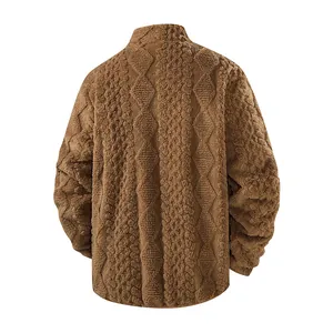 Men's brown thick fleece jacket with embossed diamond pattern texture back view