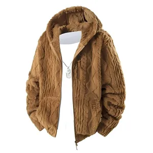 Men's brown plush hooded jacket with thick fleece lining and cable knit texture