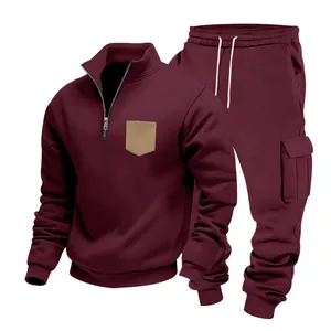 Men's heavyweight burgundy fleece cargo sweatshirt and pants two-piece set