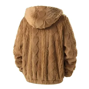 Men's brown thickened hooded fleece jacket shown from the back with textured pattern