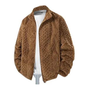 Men's warm brown sherpa fleece jacket featuring a stylish diamond textured pattern