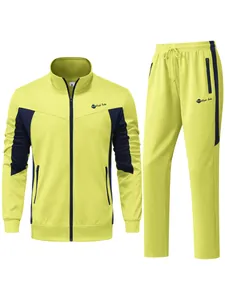 Front view of men's two-piece lime green and navy blue patchwork sports tracksuit.