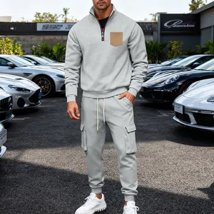 Premium grey men's heavy fleece tracksuit set featuring quarter-zip top and cargo pants