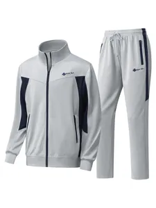 Two-piece men's grey and navy sports tracksuit set with jacket and drawstring pants