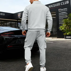 Back view of premium grey heavy fleece tracksuit set with cargo pockets and stand collar