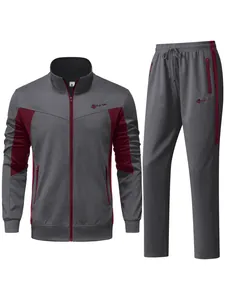 Men's grey and burgundy tracksuit set with zip-up jacket and drawstring pants