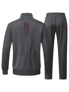 Back view of gray men's two-piece sports tracksuit with maroon geometric details
