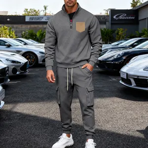 Men's heavy fleece half-zip sweatshirt and cargo pants two-piece set in charcoal grey.