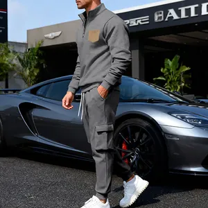 Men's heavyweight fleece tracksuit with stand-up collar and cargo pocket details