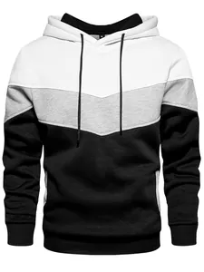 Front view of a stylish color-block hooded sweatshirt in white, grey, and black tones.