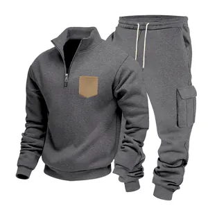 Men's heavy fleece tracksuit set with half-zip top and cargo joggers in dark grey
