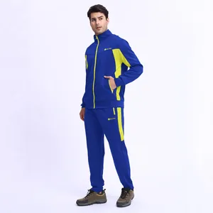 Men's blue and neon yellow color-block tracksuit set shown in a full-length studio view