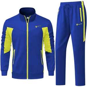 Blue and yellow men's color-block sports tracksuit set with jacket and trousers.