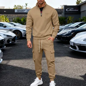 Men's khaki heavyweight fleece quarter-zip sweatshirt and cargo sweatpants set suit