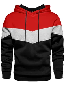 Close-up of tricolor hooded sweatshirt with red, grey, and black V-shaped panels