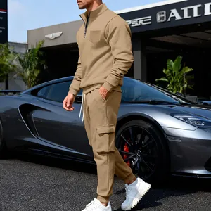 Close-up view of men's khaki heavy fleece cargo tracksuit with quarter-zip top