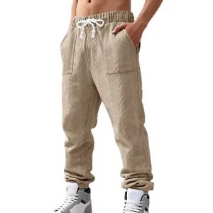 Heavyweight men's jacquard knit joggers in khaki featuring an elastic drawstring waist