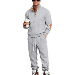 Conjunto de chándal gris para hombre con punto de ochos y cuello Henley