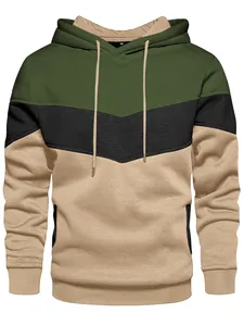 Detailed view of the three-color panelled loose casual men's hooded sweatshirt design