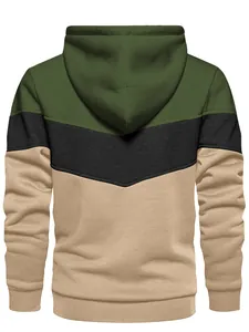 Back view detail of casual three-color panelled hooded sweatshirt for men
