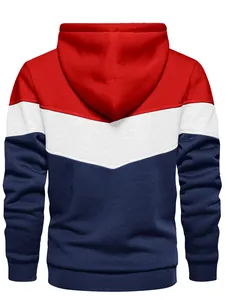 Back view of a tri-color block hooded sweatshirt in red, white, and navy blue tones.