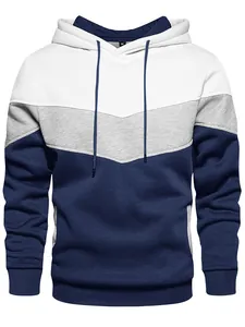 Detailed front view of a men's color-block hooded sweatshirt with chevron pattern.