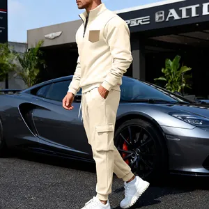 Premium men's heavy fleece two-piece cargo tracksuit set with quarter zip in beige