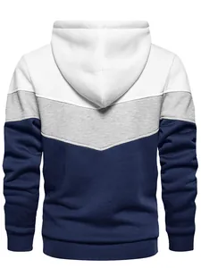 Back view of color-block hooded sweatshirt in white, grey, and navy blue.