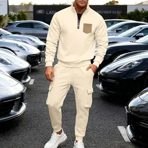 Men's cream heavy fleece tracksuit set with stand collar sweatshirt and cargo pants