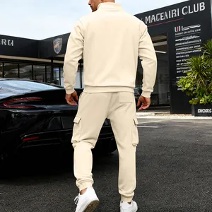 Detailed rear view of men's cream heavyweight fleece tracksuit with cargo pockets