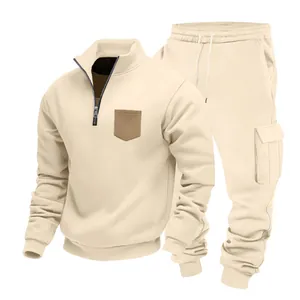 Heavyweight beige men's two-piece fleece tracksuit set with half-zip sweatshirt and cargo pants
