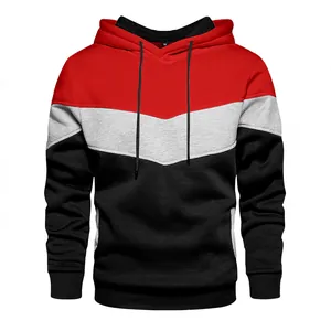 Casual men's tri-color red grey black color-block hooded sweatshirt with pockets