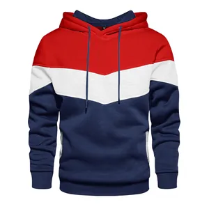 Men's casual color-block hooded sweatshirt with red, white, and navy blue chevron panels