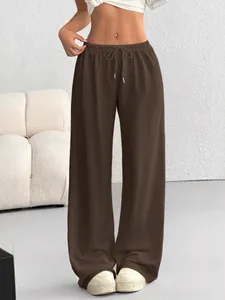 Comfortable solid chocolate brown wide-leg lounge pants for women with drawstring waist.