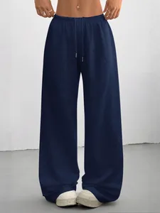 Comfortable navy blue wide-leg lounge pants for women with adjustable drawstring waist