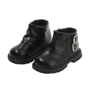 Elegante schwarze Lederstiefel für Mädchen mit Reißverschluss und Doppelschnallen