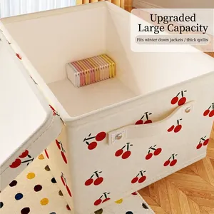 Gran caja de almacenamiento de tela con tapa y patrón de cereza para organizar edredones