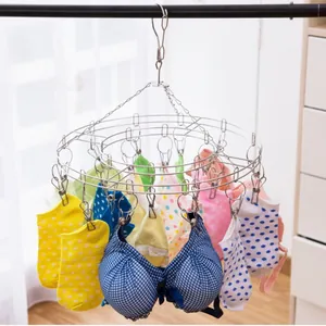 Stainless steel round hanging laundry rack with multiple clips for drying socks and underwear