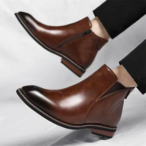 Men's burnished brown leather Chelsea boots with side zipper and elastic panel