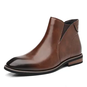Professional brown faux leather Chelsea boots for men with vintage burnished toe