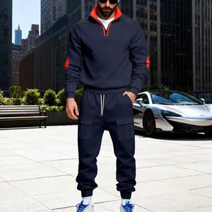 Men's navy blue heavy fleece tracksuit set with orange collar detail and cargo pants