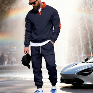 Close-up of navy blue heavy fleece tracksuit set with orange accents and cargo pockets